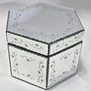 Vintage Hexagon Mirrored Jewelry Box Etched Floral Glass Vanity Trinket Storage